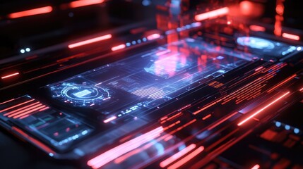 A futuristic communication device with a transparent screen, advanced AI features, and holographic display