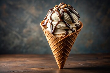 A delicious ice cream waffle cone with a drizzle of chocolate sauce on top, creamy, indulgent, cold, snack, tasty, sweet, treat, dessert, scoop, chocolate, asymmetrical, flavorful, cone