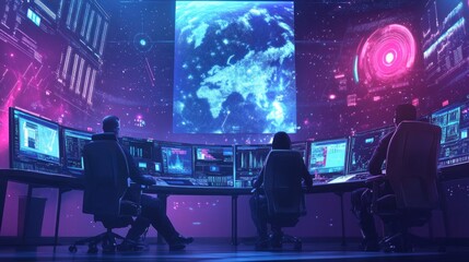 A group of scientists analyzing data from space exploration, using advanced computers and AI