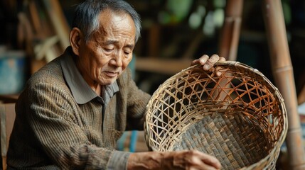 Asia life old man uncle grandfather working in home. Man elderly serious living in the countryside of life rural people in thailand weaving bamboo making basket crafts