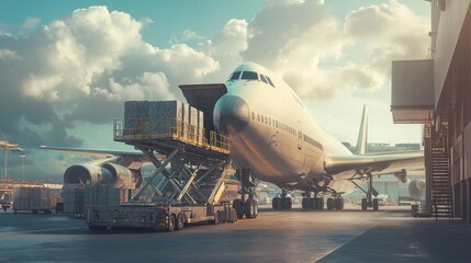 Fototapeta premium A cargo plane being loaded with goods, representing global trade and logistics