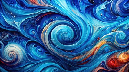 Fototapeta premium Vibrant blue swirls of paint dance across a textured canvas, creating a mesmerizing abstract artwork with deep, rich tones and dynamic, expressive brushstrokes.