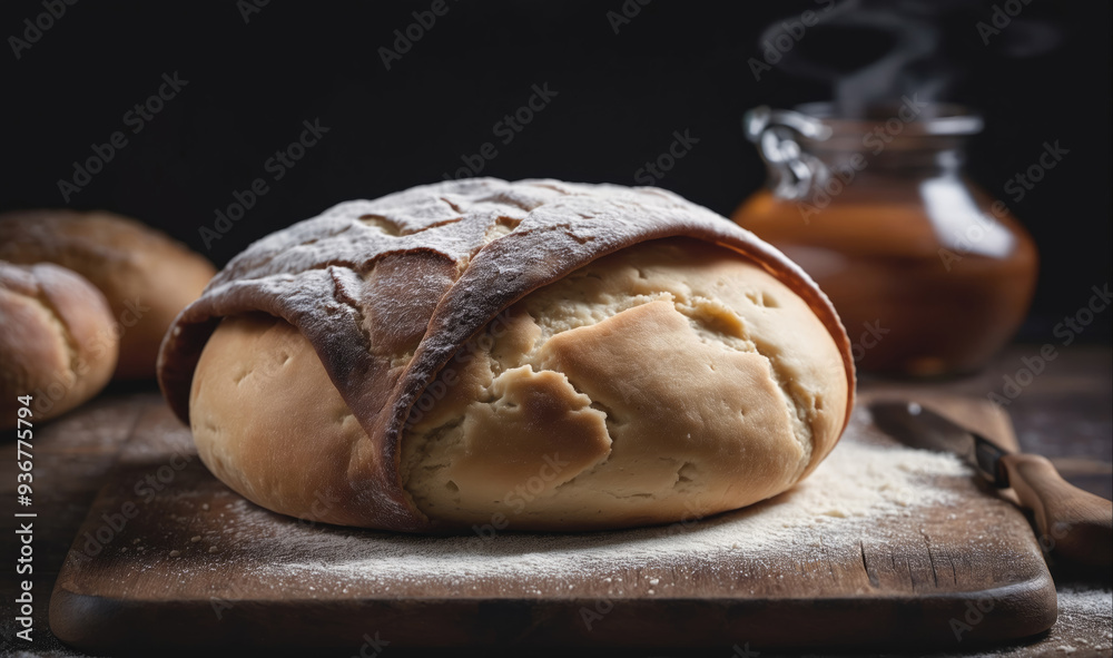 Wall mural A loaf of freshly baked bread sits on a wooden cutting board dusted with flour