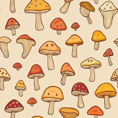 Colorful Hand-Drawn Mushrooms With Varied Shapes and Sizes on a Light Background