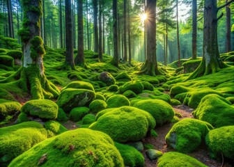 Vibrant bright green moss blankets rough stones and forest floor, creating a serene and tranquil atmosphere in a lush and mystical woodland setting.