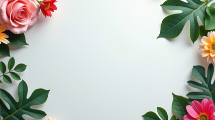 Fototapeta premium Beautiful Floral Frame with Colorful Flowers and Green Leaves on White Background - Perfect for Invitations and Seasonal Greetings