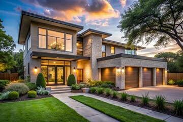 Obraz premium In a Texan neighborhood, a contemporary home with clean lines and expansive windows peacefully coexists with serene gardens, embracing the tranquility of its surroundings.