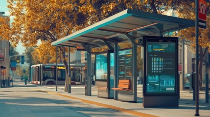 A modern bus stop with digital timetables and electronic ticketing in a smart city