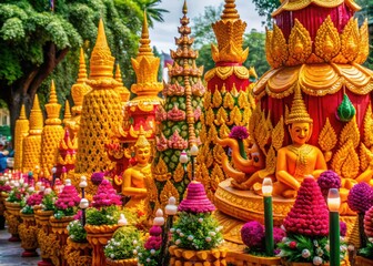 Fototapeta premium Vibrant candle trees, meticulously crafted in molded and carved forms, are proudly displayed in a festive parade during the annual Buddhist Lent celebration.