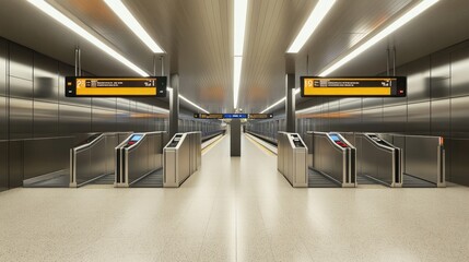 A modern subway station with automated ticket gates, digital displays, and high-speed trains