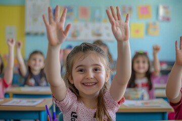 Children raising their hands in class engaged and happy as they create fun ideas for schoolwork. - Powered by Adobe