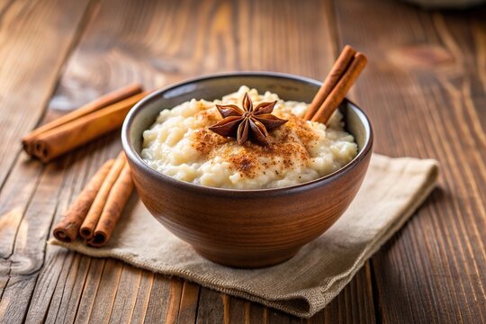 Arroz con leche rice pudding topped with cinnamon in a rustic bowl , Latin American, dessert table., delicious, rice pudding, dessert, winter, Arroz con leche, Mexican cuisine, warm, cozy