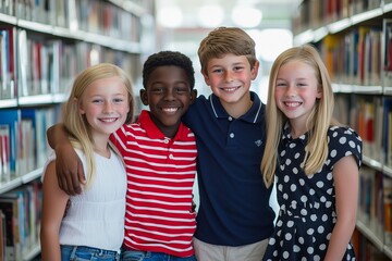 Photo of four multiethnic children in school library, smiling and posing for photo with arms around shoulders.