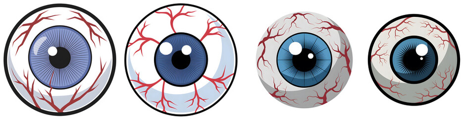 Illustration of Four Blue Human Eyes with Prominent Red Veins in Progressive Visual Styles for Halloween