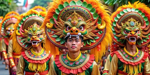 Fototapeta premium Vibrant celebration captures male students dressed in ornate Barongan costumes, a mythical lion-headed creature, during an Indonesian independence festival, showcasing cultural heritage.