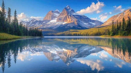 Beautiful mountain reflected in the still waters of a large lake, breathtaking view