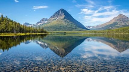 Beautiful mountain with a large, peaceful lake in front, clear reflection on water