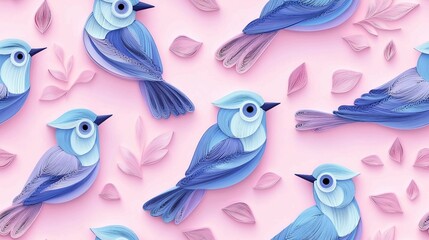 Fototapeta premium seamless pattern of 3D Blue Jay bird, paper quill pattern. 