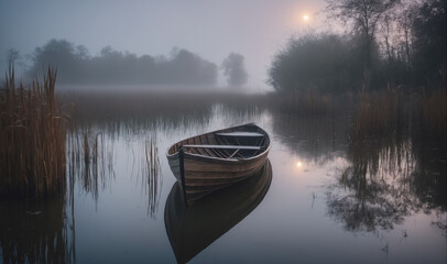 A small boat rests on a still lake shrouded in morning mist