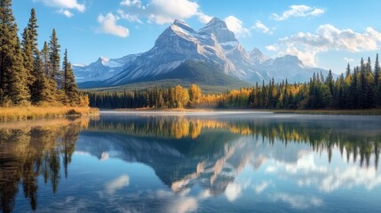 Fototapeta premium Majestic mountain towering over a still lake, clear reflection on water, serene view