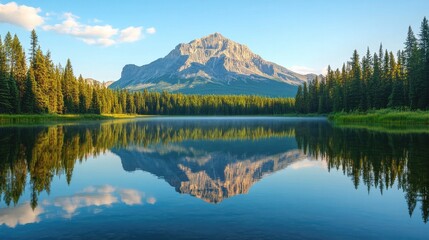 Majestic mountain towering over a still lake, clear reflection on water, serene view