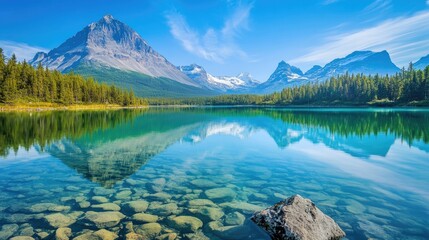 Fototapeta premium Mountain landscape featuring a large, peaceful lake, clear reflection of peaks