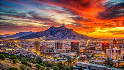 Vibrant cityscape of El Paso, Texas, at dusk, featuring the iconic star on Mount Franklin, against a warm orange and pink sunset sky.