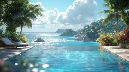 Obraz premium Infinity pool overlooking tropical paradise - generative ai