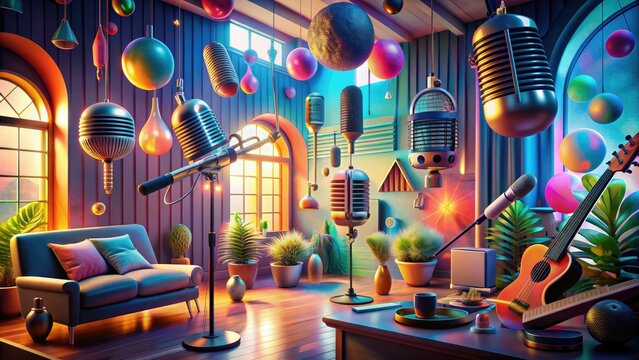 Vibrant collage of abstract shapes, microphones, and fantasy elements blends with apartment studio interior, evoking a dreamy atmosphere for podcast recording and creative expression. - Powered by Adobe