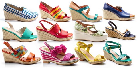 Vibrant collection of trendy women's summer shoes, including sandals, wedges, and espadrilles, in assorted colors and styles, against a crisp white background.