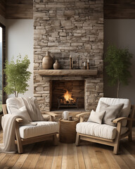 Obraz premium Exclusive interior. Armchairs by an old fireplace in a setting of clichéd design conveying a domestic atmosphere of tranquility and well-being. The fireplace is burning.