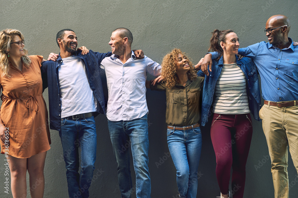 Aufkleber happy business people, diversity and unity with team in company growth on a wall background. group o