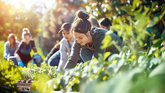 A business team volunteering at a community garden, symbolizing corporate social responsibility and giving back to the community