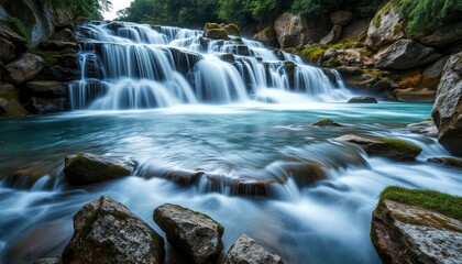 Fototapeta premium Beautiful Krka Waterfalls in Krka National Park,Croatia.Long exposure for flowing water, ai