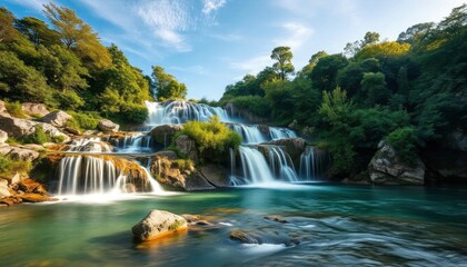 Fototapeta premium Beautiful Krka Waterfalls in Krka National Park,Croatia.Long exposure for flowing water, ai