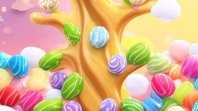 Koala in Colorful Tree Adorned With Pastel Eggs in a Whimsical Landscape Generative AI