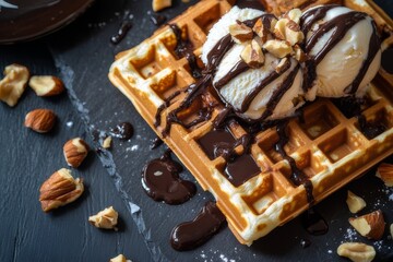 waffles topped with scoops of ice cream.