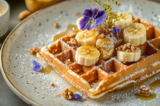 gourmet presentation of waffles on a restaurant-style plate.