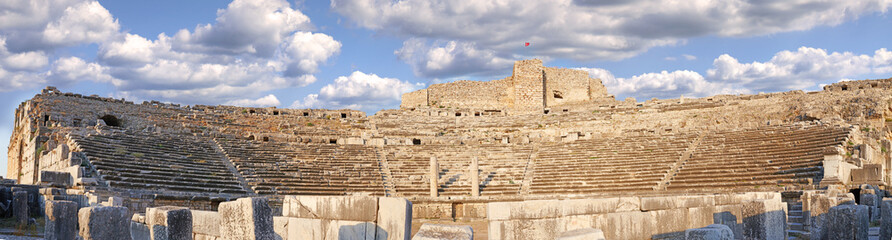 Architecture, stadium and building in city of Turkey for tourism, traditional infrastructure and culture in town. Background, ancient and ruin, structure design and stone wall for travel destination