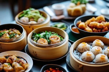 Dim Sum, A style of Chinese cuisine prepared as small bite-sized portions of food served in small steamer baskets or on small plates.