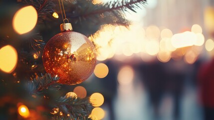 Fototapeta premium The shimmering ornament reflects twinkling lights, enhancing the holiday atmosphere in a bustling winter market filled with shoppers