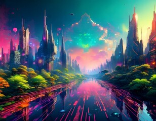 Obraz premium A blend of humanity and machine in a world with Artificial intelligence has influenced the growth of the city with nature as the main agenda for growth.