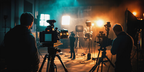 Fototapeta premium Silhouettes of people working in a studio using equipment and lighting for film or commercial production. Set is illuminated with spectacular lighting using professional camera equipment