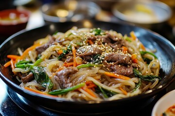 Japchae, A dish made from sweet potato noodles stir-fried with vegetables, meat, and seasoned with soy sauce and sesame oil.