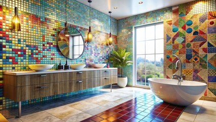 Vibrant colorful mosaic tiles in various shapes and sizes form a stunning abstract pattern on a modern bathroom floor or accent wall.