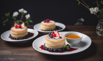 Three cakes with fruit and sauce are on a table with a cup of tea