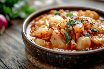Kimchi, A traditional fermented vegetable dish, typically made with napa cabbage and Korean radishes, seasoned with chili powder, garlic, ginger, and salted seafood.