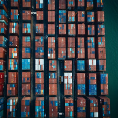 Extensive array of shipping containers is stacked neatly at busy port, showcasing vibrant mix of colors and arrangements. Aerial perspective highlights the organized chaos of cargo logistics. AI