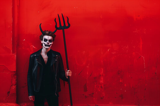 Man dressed as Devil prepared to spook and thrill in a homemade red demon costume for Halloween festivities