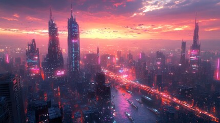 Fototapeta premium Futuristic cyberpunk cityscape at sunset - generative ai